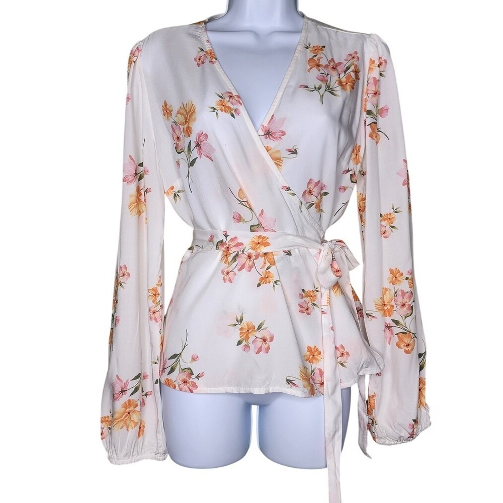 Old Navy Floral Wrap Blouse Cream Pink Peach Flowers Boho Hippie Peplum Feminine